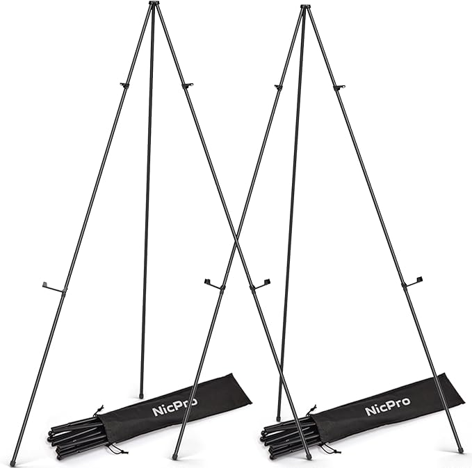 Nicpro Art Folding Easels for Display, 2 Pack 63 Inches Metal Floor Easel Stand Bulk Tripod Black Collapsible for Sign Artist Poster Wedding | with Carry Bag
