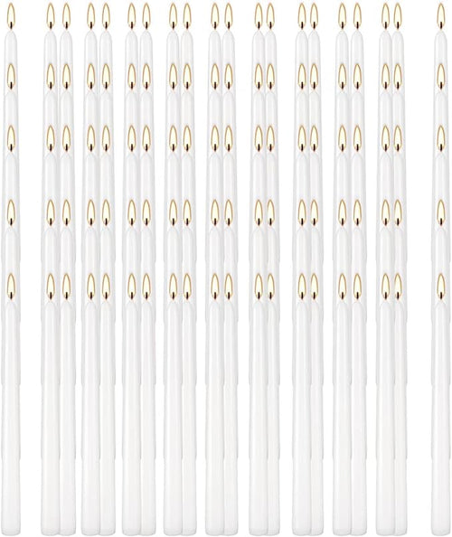 100Pack White Taper Candles, 7-8 Hours Burn Time, Unscented, Smokeless and Dripless, 0.75 x 10 Inch Dinner Candle Set for Household, Wedding, Party and Home Décor Candlesticks