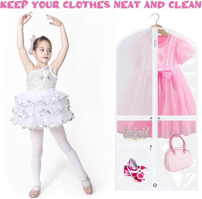 Windyun 10 Pack Garment Bags for Dance Costumes Kids 40 Inch Clothing Bags Hanging Clothes with 3 Clear Zipper Pocket Waterproof Garment Cover for Dance Competition, Travel, Closet Storage(White)