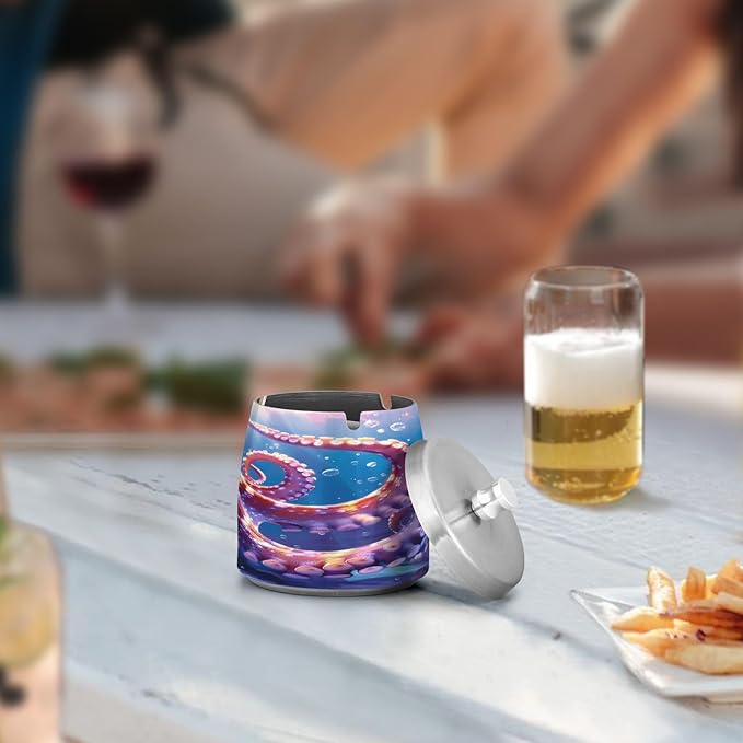 Octopus Underwater Ashtray with Lid, Outdoor Ashtrays for Patio, Stainless Steel Ashtray Odorless Smokeless for Home Office Balcony