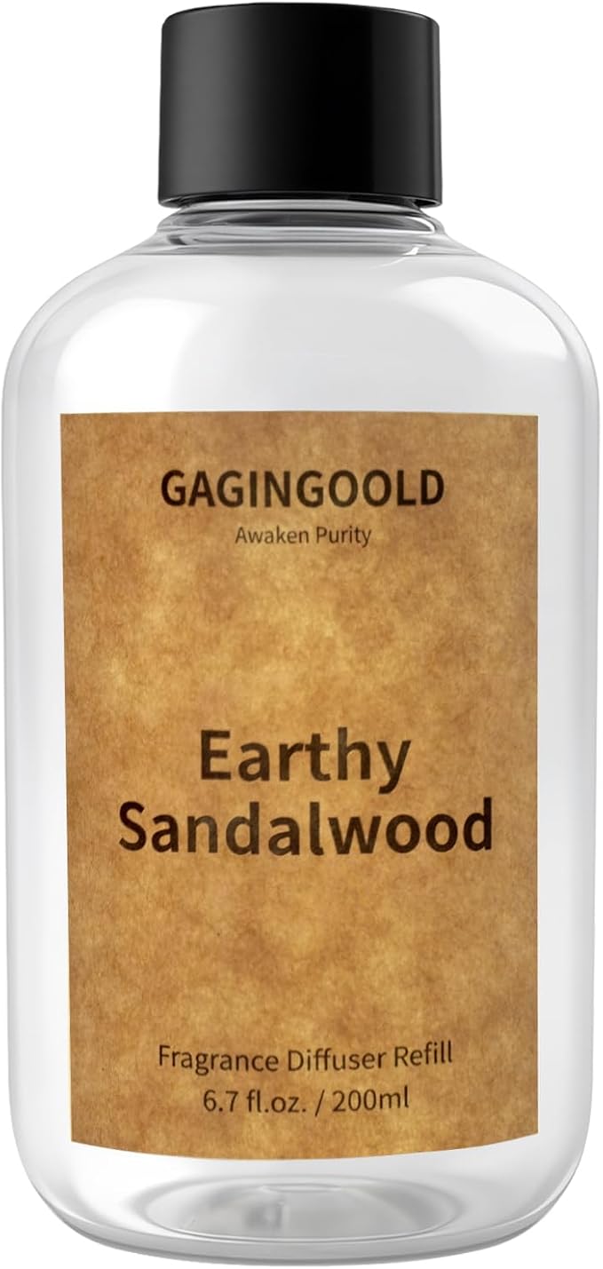 Earthy Sandalwood Scented Reed Diffuser Oil Refill with 10 Sticks, 120 Days Long Lasting for Home, Elegant Fragrance for Bathroom Bedroom Office Decor Air Fresh, 6.7 fl oz / 200 ml