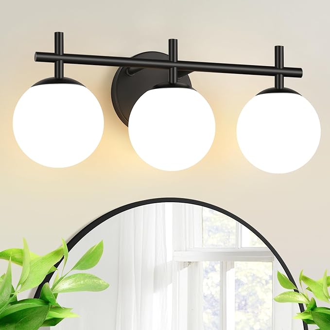 3-Light Bathroom Light Fixtures, Matte Black Vanity Lights for Bathroom with Milky White Glass Ball Shade, 18.9 inch Bathroom Lighting Fixtures Over Mirror, Wall Sconce for Bedroom (Bulb Not Included)