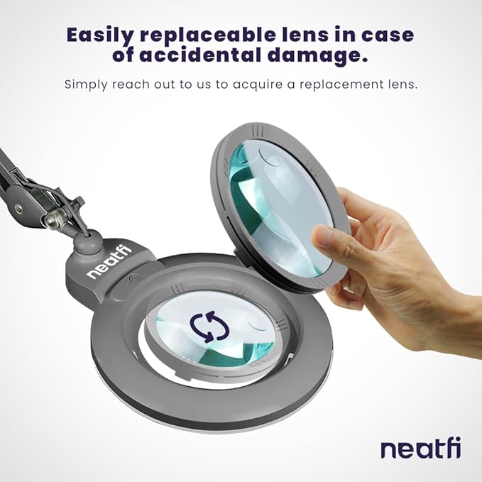 Neatfi XL Bifocal LED Magnifying Lamp – 7-Inch Acrylic Lens, 2.25x & 6X Magnification, 1,600 Lumens, Dimmable LED, Adjustable Arm, Hands-Free Close Work (Silver, with Clamp)