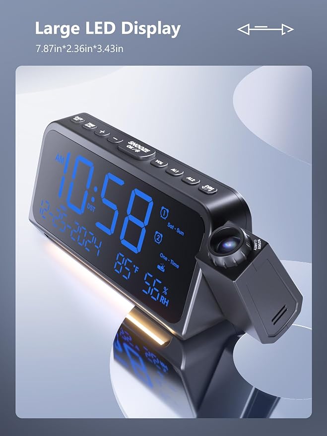 Projection Alarm Clock for Bedroom, Alarm Clock with 350° Rotatable Projector, 5 Brightness, Dual Alarm with Weekday/Weekend Mode, Temp & Humidity, Snooze, Bedside Alarm Clock for Heavy Sleepers(Blue)