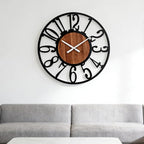 Industrial Modern Vintage Wood Wall Clock with Iron Frame & Artful Cutout Numerals, Non Ticking Battery Operated, Decorative for Farmhouse Living Room Office Kitchen Home Décor, 16 Inch