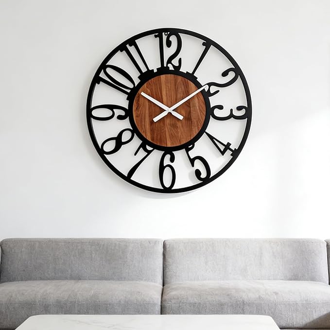 32 Inch Oversized Industrial Farmhouse Wall Clock, Wood & Matte Black Iron Frame, Artful Numerals Non Ticking Battery Operated, Decorative Statement Piece for Large Living Room Foyer Home Décor