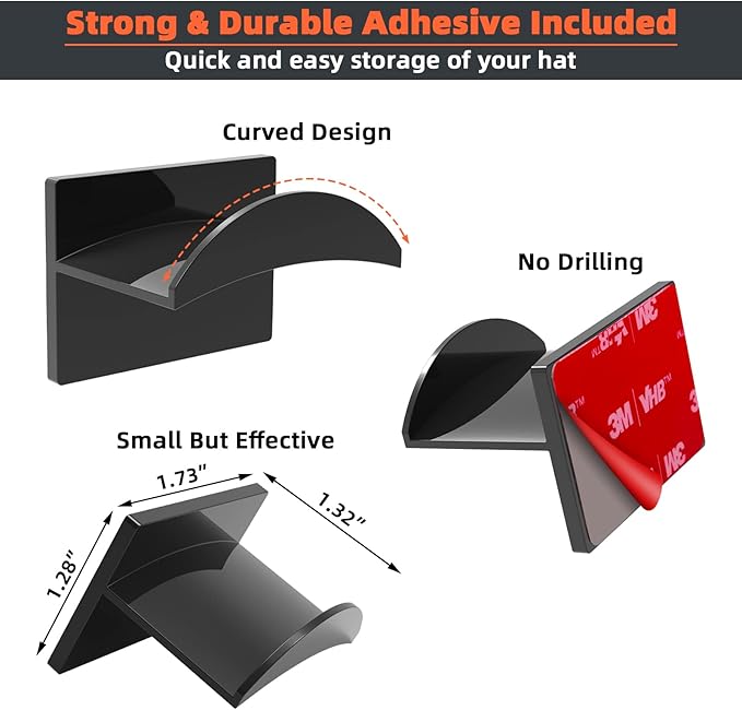 10 PCS Adhesive Hat Hooks for Wall, Strong Hold Hat Hangers, Minimalist Hat Rack Design, No Drilling, Hat Hooks for Baseball Caps, Hat Holder Organizer for Wall, Door, Closet, Office, Bedroom