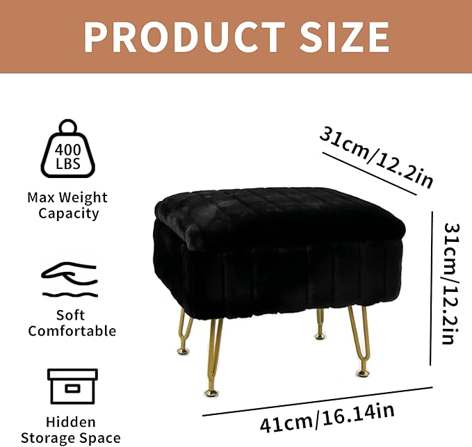 ACEQLYT® Small Foot Stool Ottoman with Storage, Foot Rest for Couch and Chair, Black Faux Fur Storage Ottoman with Gold Metal Legs and Padded Seat