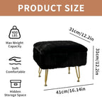 ACEQLYT® Small Foot Stool Ottoman with Storage, Foot Rest for Couch and Chair, Black Faux Fur Storage Ottoman with Gold Metal Legs and Padded Seat