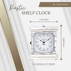 Tasse Verre Rustic Shelf Clock (Quiet) for Living Room Mantel, Table, Or Desk 9" X 7" Farmhouse Decor Distressed White Washed Wood Silent - Office Fireplace. AA Battery Operated Non-Digital, Tan