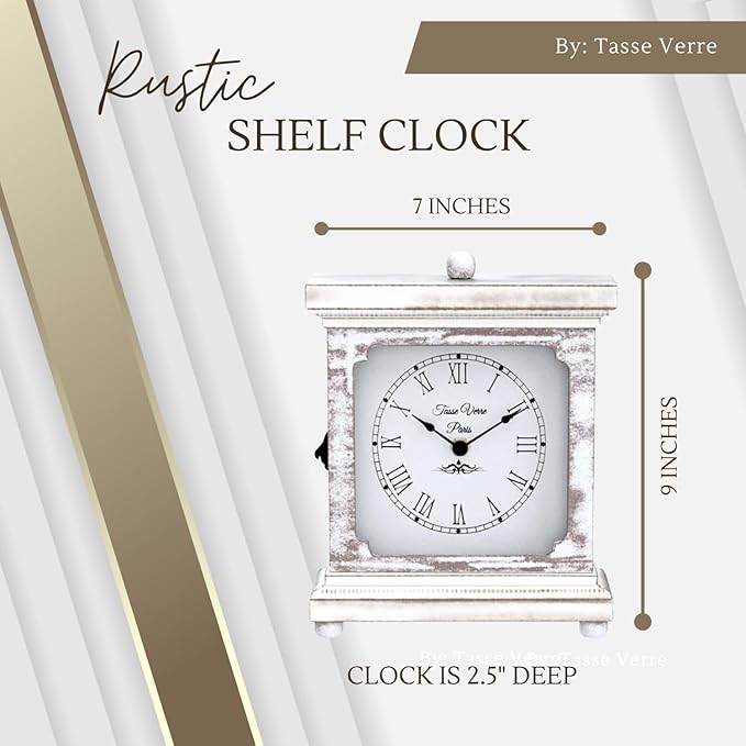 Tasse Verre Rustic Shelf Clock (Quiet) for Living Room Mantel, Table, Or Desk 9" X 7" Farmhouse Decor Distressed White Washed Wood Silent - Office Fireplace. AA Battery Operated Non-Digital, Tan