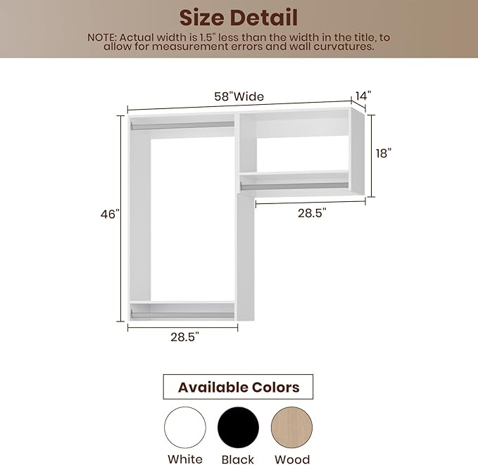 ROOMTEC Modular Closet System, 58" Wall-Mounted Closet Organizer with Hanging Rods, Wooden Tower for Walk-In Closets, Wardrobe Storage Kit, White