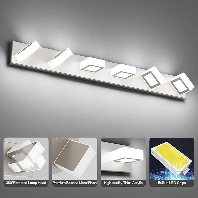 Ralbay 6-Light Brushed Nickel Bathroom Vanity Light Metal Acrylic Modern LED Bathroom Lighting Over Mirror