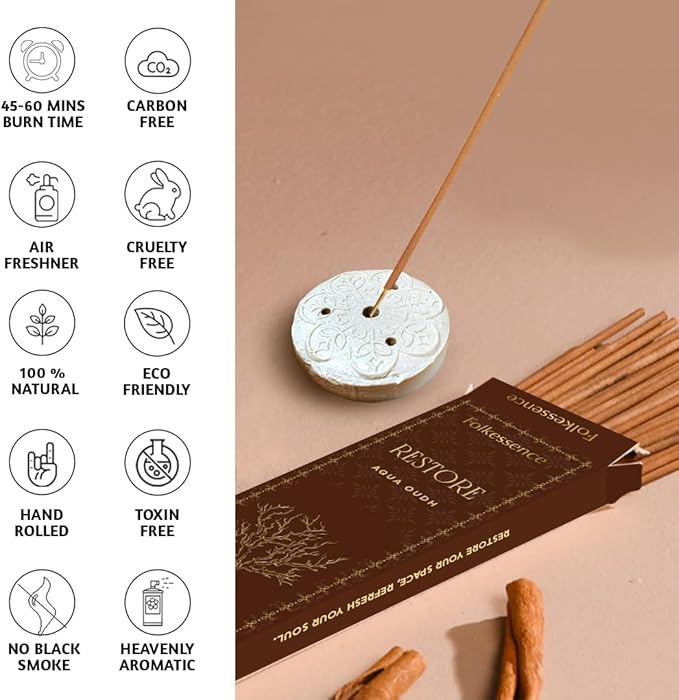Folkulture Restore Incense Sticks with Holder (100 Sticks)| Oud Luxury Incense Stick for Meditation, Aromatherapy, Gifts for Women | No Charcoal,Organic,Non Toxic, 45 Mins