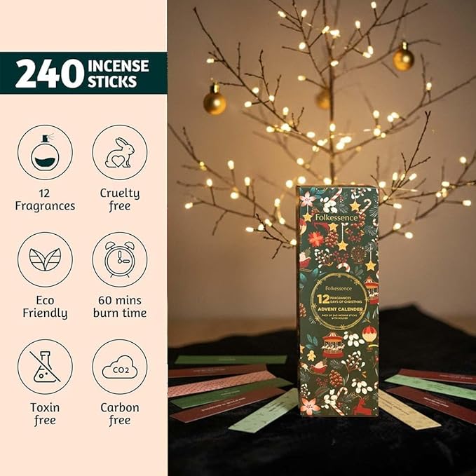 Folkulture Christmas Incense Sticks | Pack of 240 Organic Incense | 12 Days of Christmas Advent Calendar 2025 | Non-Toxic, Slow Burning Insense for Gifts for Women