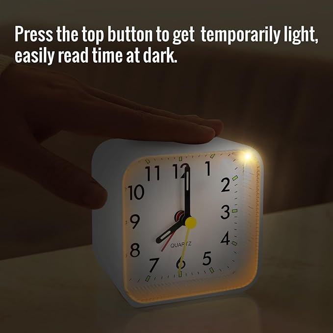Small White Kids Desk Battery Alarm Clock, Analog Travel Clock, Quieter Bedside Clocks for Bedrooms Bathroom Living Room Kitchen Shelf