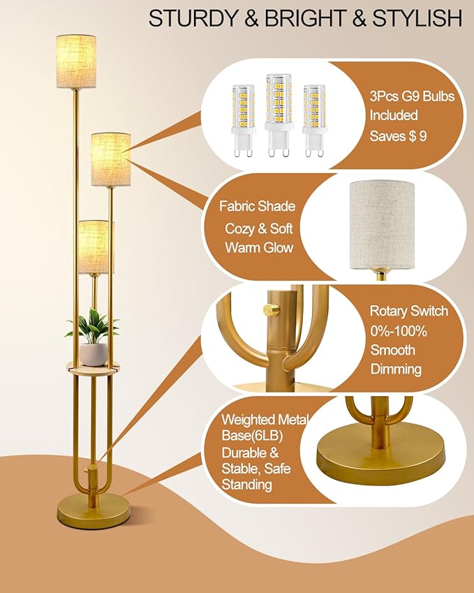 Lightdot Floor Lamp with Table for Living Room Bedroom Dimmable Floor Lamps with Linen Shade Vintage Gold Standing Tall Lamp Candle Holder Style for Bedroom/Sofa Beside/Corner Decor(Bulbs Included