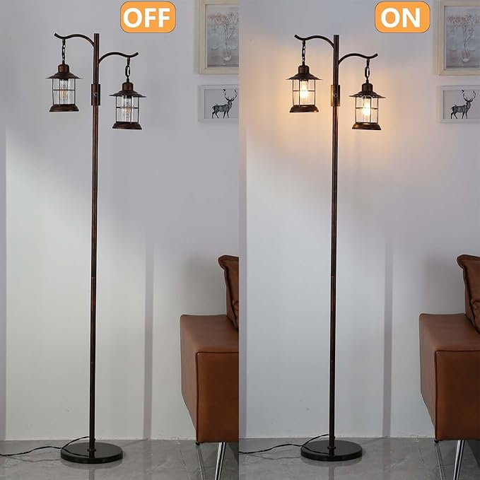 Industrial,Vintage Dimmable Floor Lamp,2 Classical Lanterns Standing Lamp, Rustic Farmhouse Floor Lamp with Bronze Gold Finish, for Living Room Bedroom (Red Copper-B-Style)