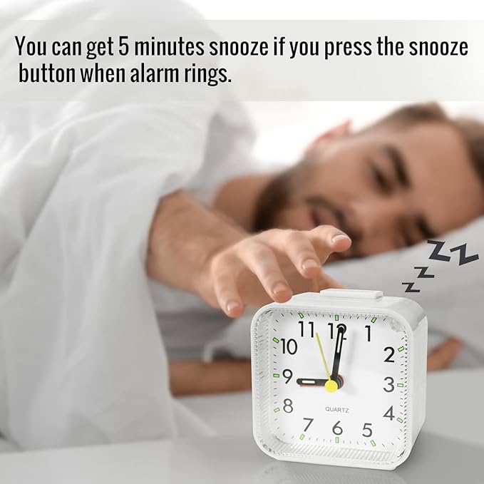 Small White Kids Desk Battery Alarm Clock, Analog Travel Clock, Quieter Bedside Clocks for Bedrooms Bathroom Living Room Kitchen Shelf