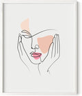 Aesthetic Face Wall Art Hands on Cheeks Continuous Line Drawing Abstract Pink Shapes 16x20 Inch Oak Wood White Framed Modern Portrait for Bedroom Vanity