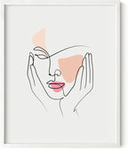 Aesthetic Face Wall Art Hands on Cheeks Continuous Line Drawing Abstract Pink Shapes 16x20 Inch Oak Wood White Framed Modern Portrait for Bedroom Vanity