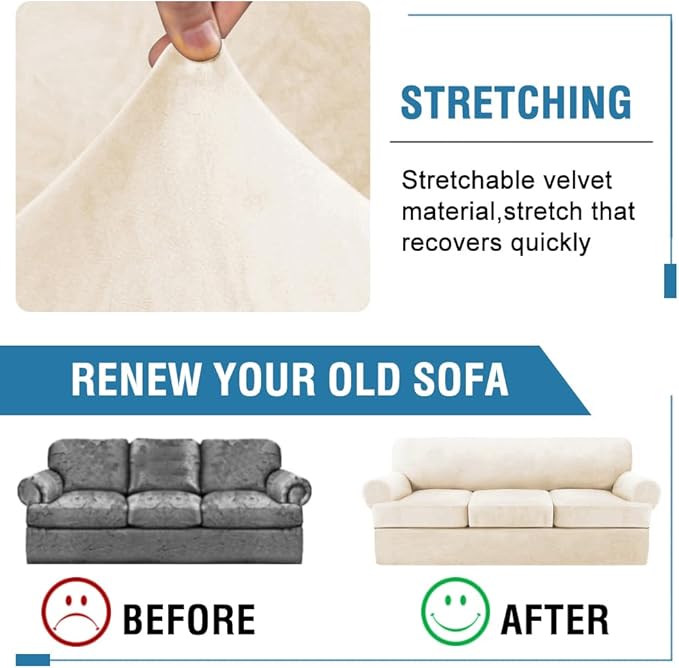 H.VERSAILTEX Sofa Cover 4 Piece T Cushion Sofa Slipcovers Thick Velvet Couch Cover Stretch T Cushion Sofa Covers for 3 Cushion Couch with 3 Individual T Cushion Covers, Cream
