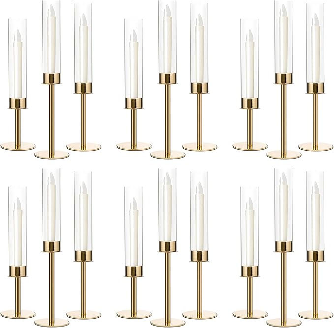 18PCS Gold Candle Sticks Holder in Bulk for Party Table Centerpiece, Metal Candlesticks Sticks Holder with Acrylic lampshade for Wedding Easter Dinner Table Decor Fit 0.78" LED Candle