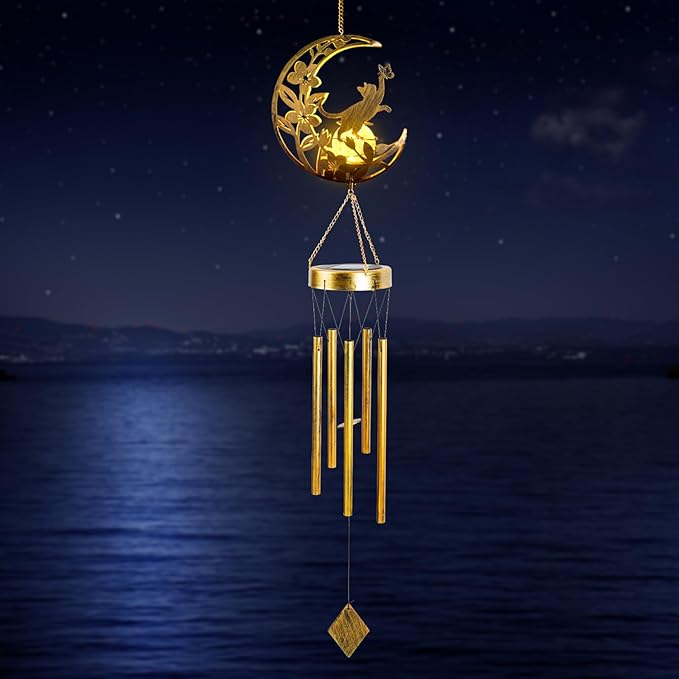 JOBOSI Solar Moon Cat Decorative Light Gift, Solar Moon Cat Decorative Wind Chime with Light, Gifts for Women Mom Grandma, Garden Lawn Decor, Christmas & New Year Gift