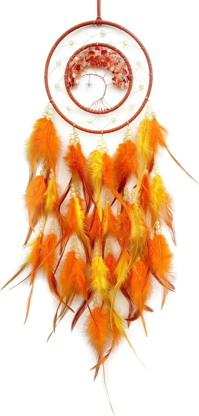 Orange Dream Catcher Wall Decor Crystal Tree of Life Dream Catchers with Luminous Bead Handmade Feather Dreamcatcher Wall Hanging Ornament for Bedroom Living Room Home Decor