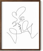 Minimalist Couple Art Wall Art Print Couple Kiss Abstract Line Drawing, Gallery Quality 8"x10" Walnut Framed, Abstract Love Aesthetic Decor Bedroom Living Room