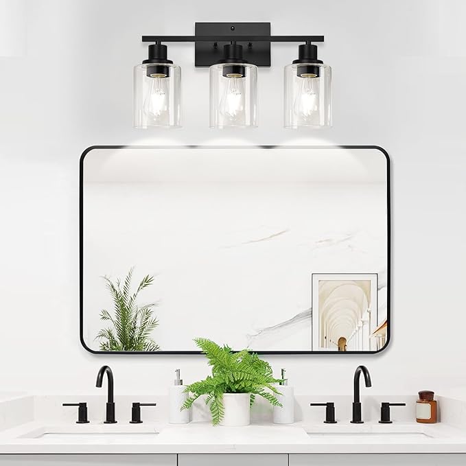 3-Light Bathroom Light Fixtures, Vanity Light with Clear Glass Shades, Matte Black Bathroom Light Fixtures Over Mirror, Modern Bathroom Wall Lamp for Mirror Living Room Cabinet Bedroom