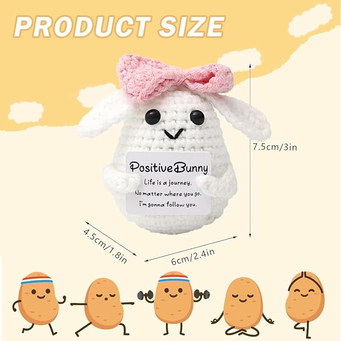 WASTIME Funny Knitted Wool Doll Toy with Positive Card - Creative Cute Mini Crochet Positive Potato Dolls Cheer Up Gift for Family Kids Friends Encouragement Decoration (C- Positive Bunny)