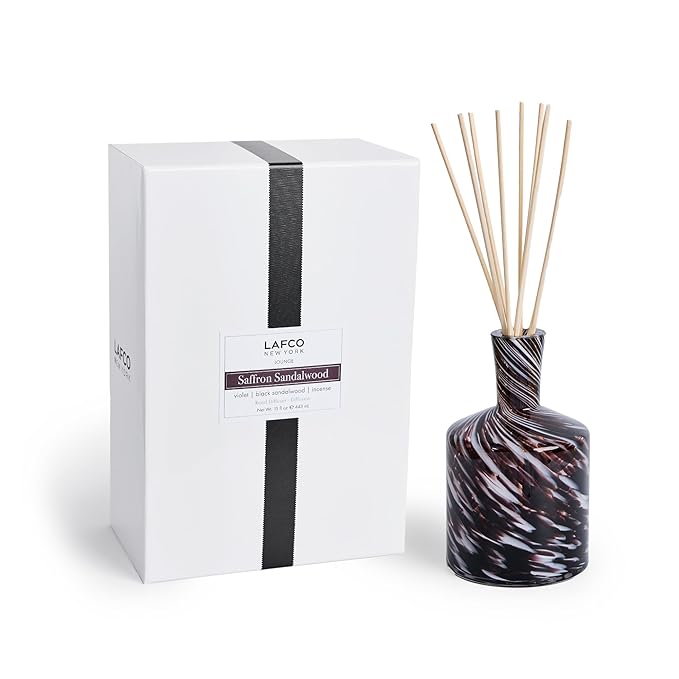 LAFCO New York Signature Fall Reed Diffuser, Saffron Sandalwood - 15 oz - Up to 9 Months Fragrance Life - Reusable, Hand Blown Glass Vessel - Natural Wood Reeds - Made in The USA