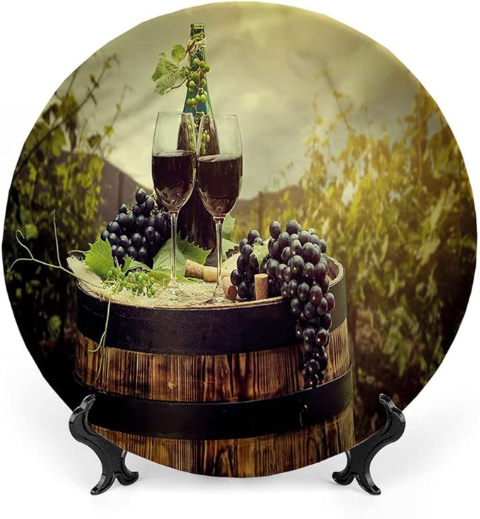Decorative Plates, Wine Print Ornament, Scenic Tuscany Vineyard, 8 Inch, 1 Plate with 1 Display Stand, Green Black Brown