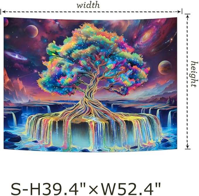 Obsecolors Blacklight Tree of Life Tapestry UV Reactive Waterfall Tapestry Galaxy Space Aesthetic Tree Wall Tapestries Colorful Starry Sky Tapestries Wall Hanging for Bedroom