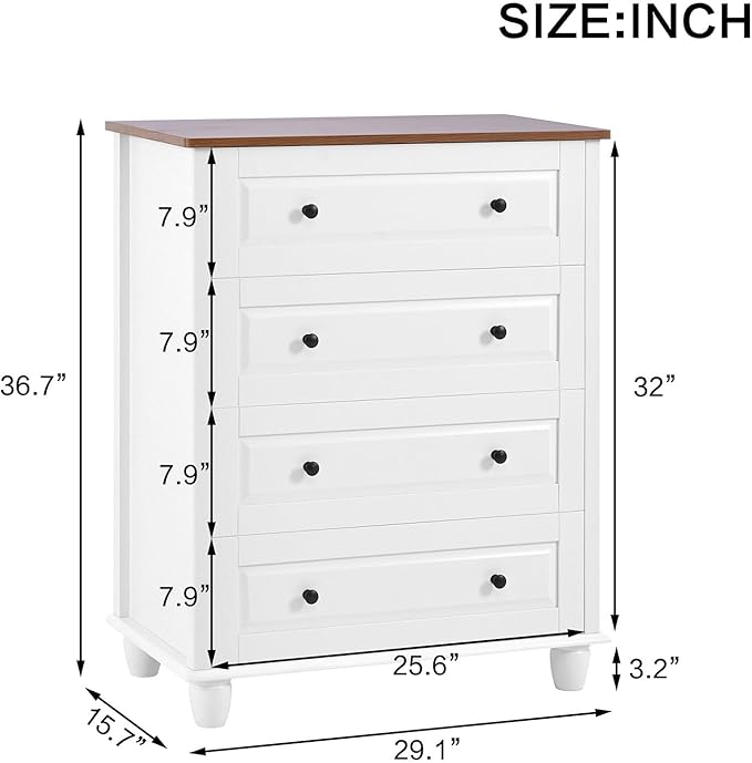 4-Drawer White Storage Cabinet, Wide Dresser with Brushed Metal Handles, Modern Organizer for Living Room, Hallway, Office, Entryway