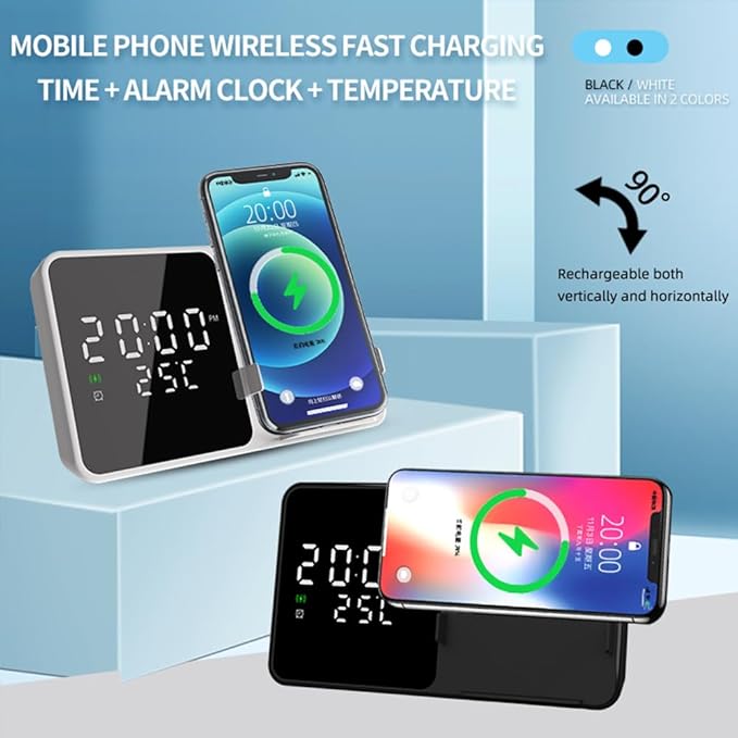 IHAO Multifunctional Alarm Clock with Wireless Charging for Phone 15W Fast Charger Large LED Display Temperature Phone Bracket for Bedside & Desk-W5 White