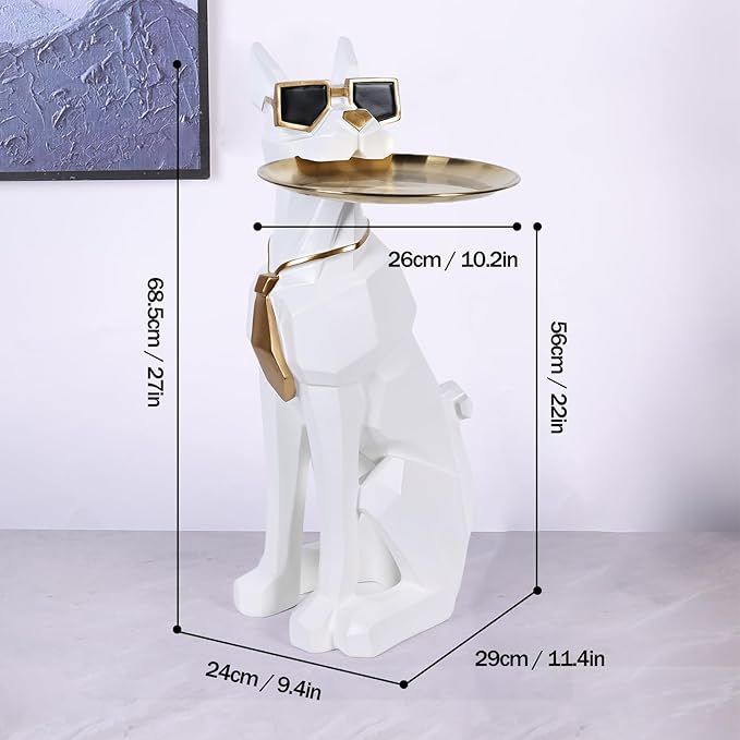 Resin Dog Side Table With Tray, Butler Statue Tissue Box, Accent End Table, Unique Sculpture, Geometric Statue, Funky Furniture for Home Decor Modern (White)