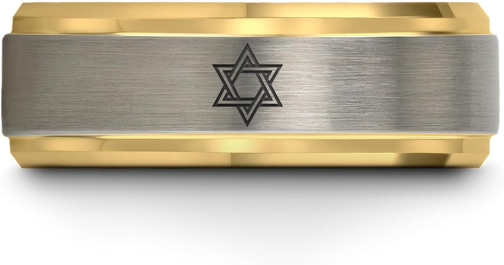 Mezuzah star Of David Ring - Gift for Jewish Family - Flat Dome Bevel - 8mm - Men Women - Yellow Gold Black Silver Blue - Anniversary Wedding - Personalized Custom Engraving - Band - Brushed Polished