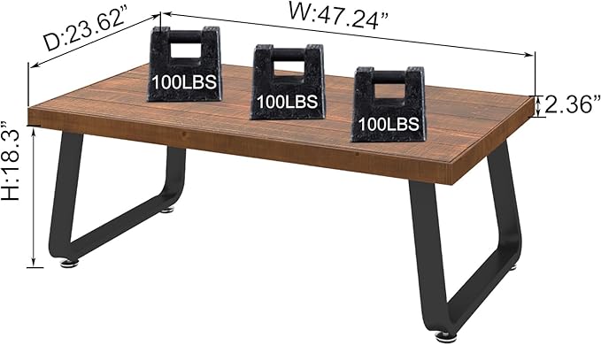 IBF Natural Wood Coffee Table, Rustic Solid Wood Center Table for Living Room, Rectangle Metal and Real Wooden Tea Table, Modern Industrial Minimalist Wooden Cocktail Tables, Rustic Brown, 47 Inch