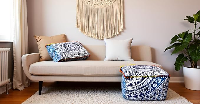 CRAFT KALA Indian Square Patchwork Traditional Pouf Cover Indian Living Room Poufs Cover Decorative Designer Ottoman Pom Pom Home Living Footstool Chair Cover Ottoman Decor 18X18X14 inches, Blue Ombre