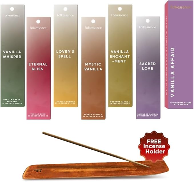 Folkulture Incense Sticks with Holder (120 Sticks) | Set of 6 Incense Sticks for Aromatherapy, Focus | No Charcoal, Organic, Non Toxic, 45 Mins, Long Burning Vanilla, Coconut, Lavender Insence-Sticks