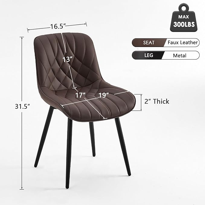 YOUNUOKE Dining Chairs Set of 2 Mid Century Modern Kitchen Chair Comfortable Upholstered Faux Leather Dinner Chairs for Kitchen Dining Room, Brown