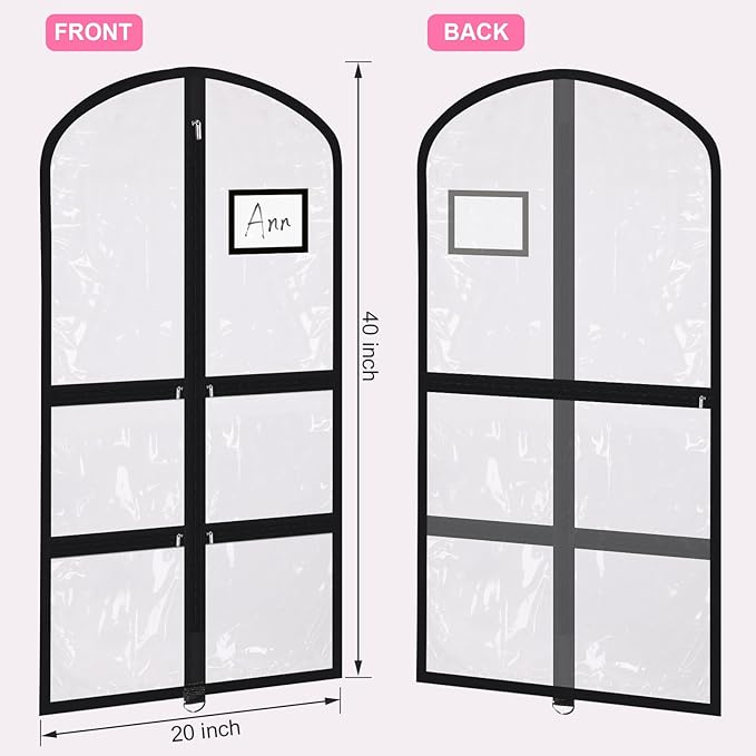 Geelin 14 Pcs Garment Bags for Dance Costumes PVC Clear with Zippers 20 x 40 Inch Garment Bag with Pockets Dance Costume Organizer Carrier for Storage Cover for Adult (Fully Transparent Black)