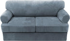 H.VERSAILTEX Sofa Cover 3 Piece T Cushion Loveseat Slipcovers Thick Velvet Couch Cover Stretch T Cushion Sofa Covers for 2 Cushion Couch with 2 Individual T Cushion Covers Washable, Stone Blue