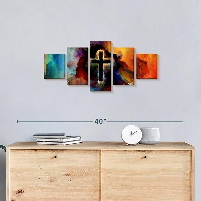 Elephant Stock Colorful Cross Wall Art Multi Piece Canvas - 5 Panel Christian Pictures Decor - Digital Design Canvas Print - Christian Wall Decor - 29" X 12"