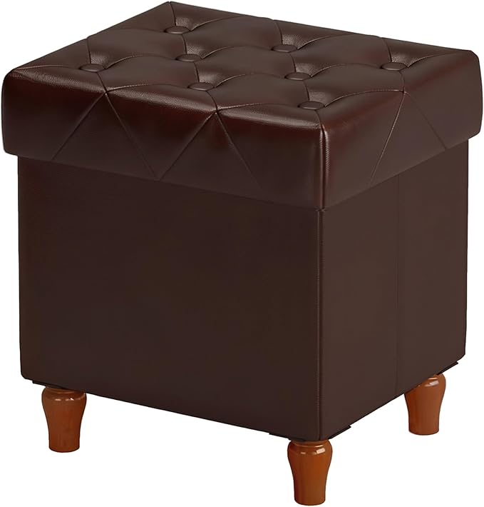 CAROLMADE Folding Storage Ottoman Cube PU Leather Footstool with Wood Legs Ottoman Footrest for Living Room and Bedroom Brown, 15x12.6 x 15.4”