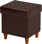 CAROLMADE Folding Storage Ottoman Cube PU Leather Footstool with Wood Legs Ottoman Footrest for Living Room and Bedroom Brown, 15x12.6 x 15.4”
