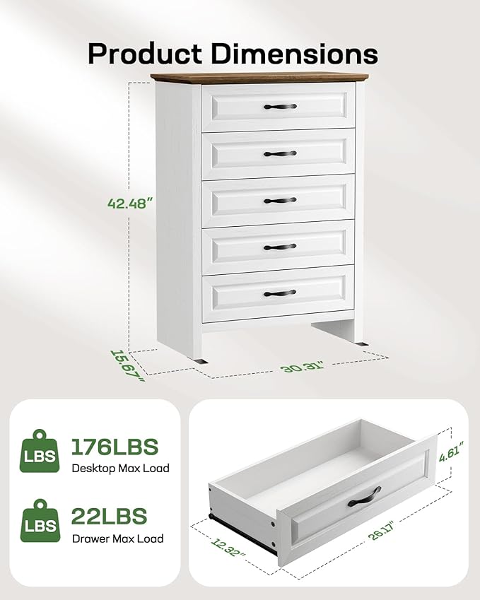 Marsail Farmhouse 5 Drawer Dresser, Wood Chest of Drawers with Natural Texture, Smooth Gliding Drawers, Versatile Storage Organizer Cabinet for Bedroom & Living Room, White and Brown