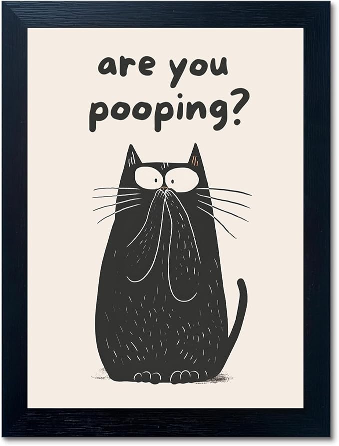 Funny Black Cat Wall Art - Are You Pooping Bad Smell Bathroom Decor, Guest Toilet Decor, Black Framed Prints 8"x10", Cute Animal Modern Minimalistic Bathroom Sign